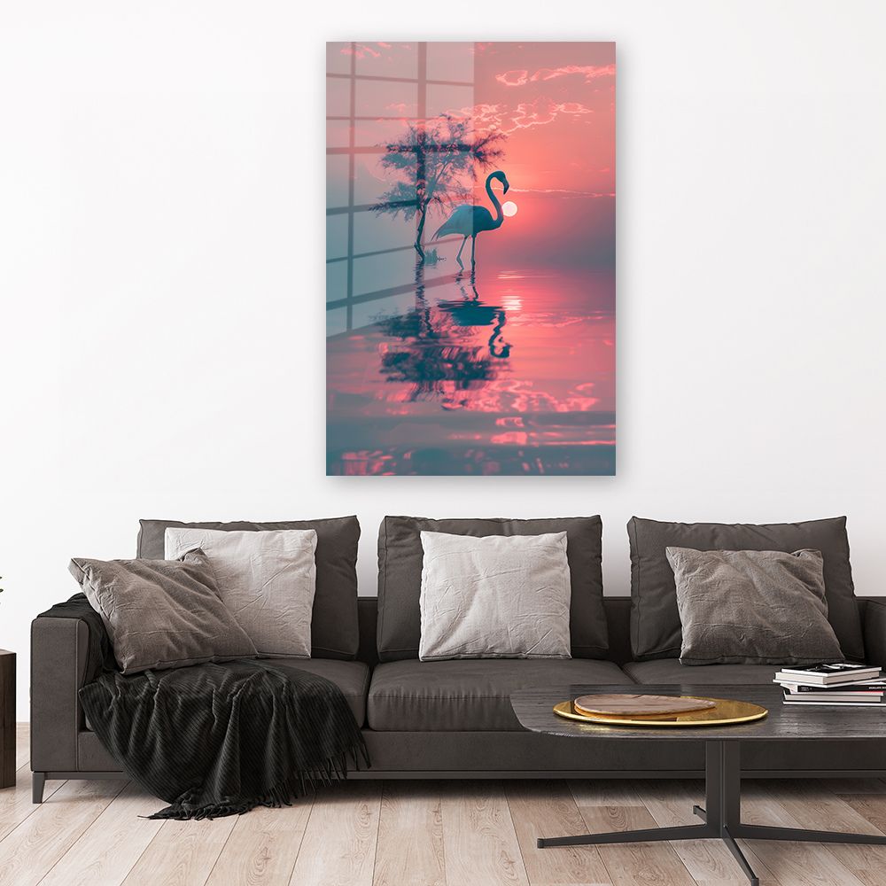 Glasschilderij flamingo weerspiegeling wanddecoratie 1