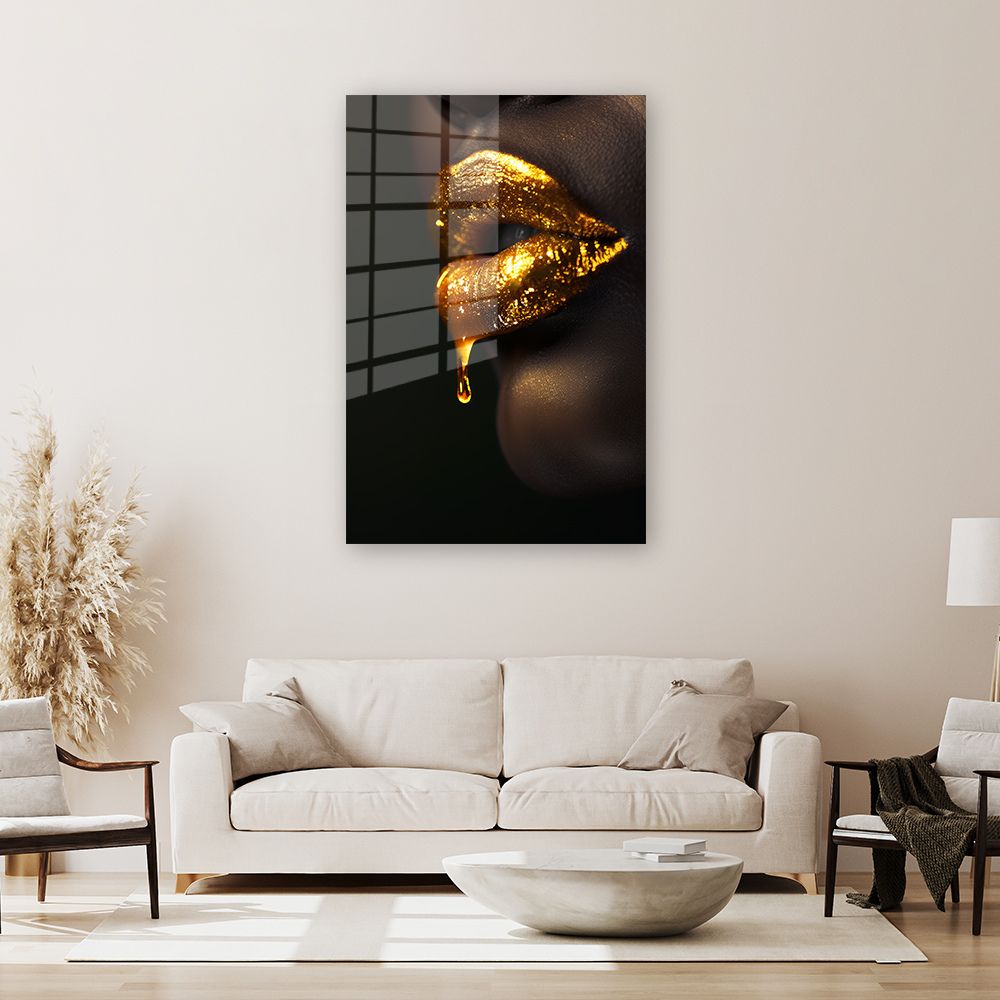 Glasschilderij goud druipende lippen wanddecoratie 1