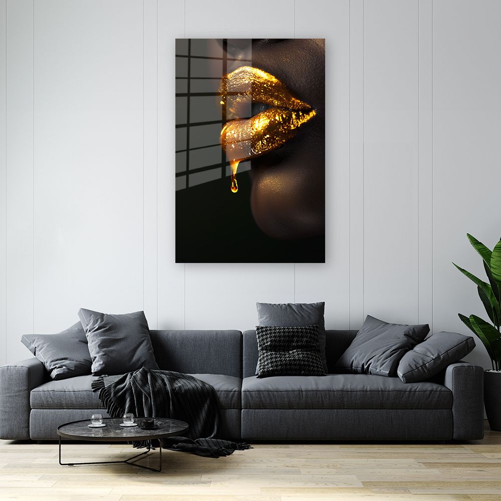 Glasschilderij goud druipende lippen wanddecoratie 2