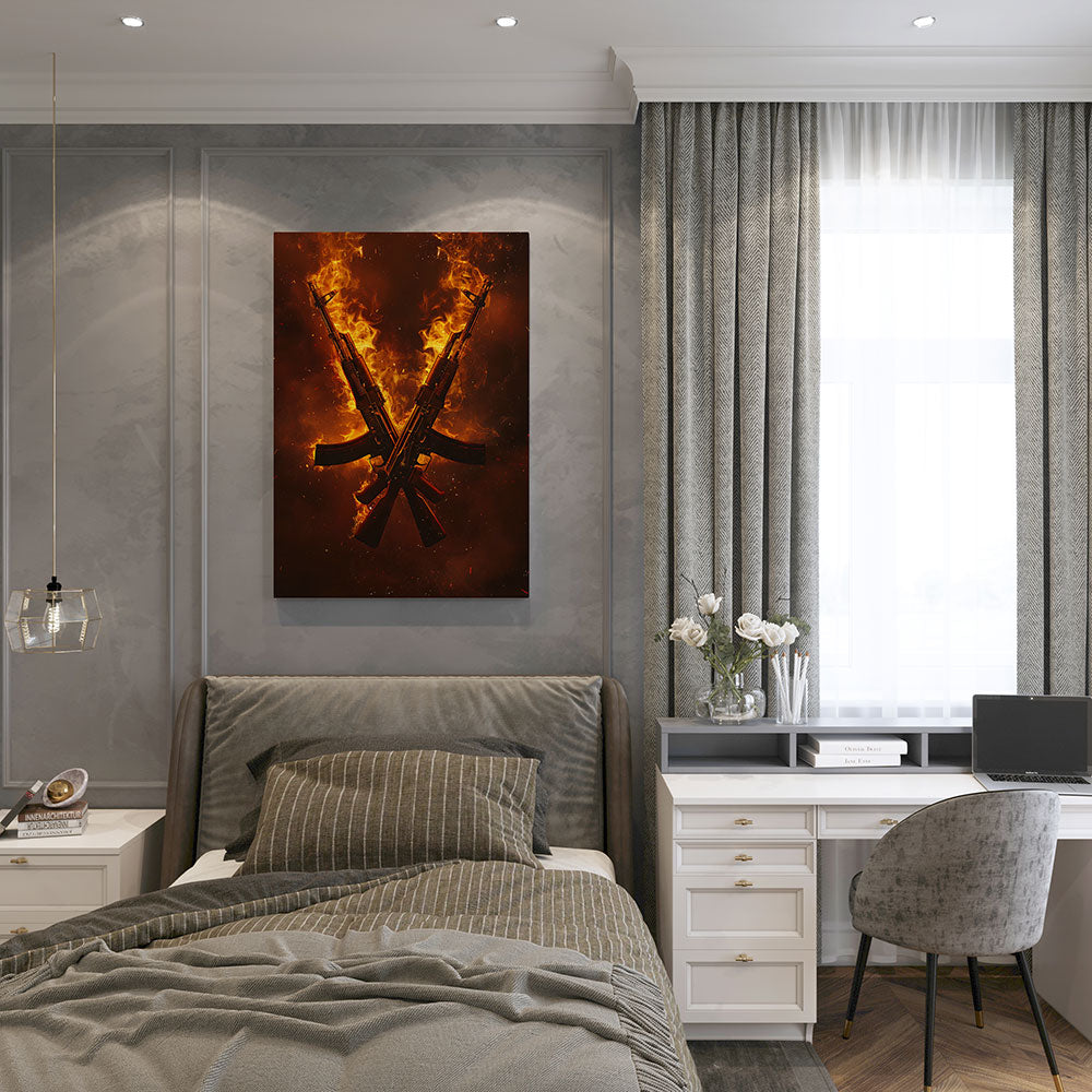 canvas schilderij crossed ak 47 slaapkamer