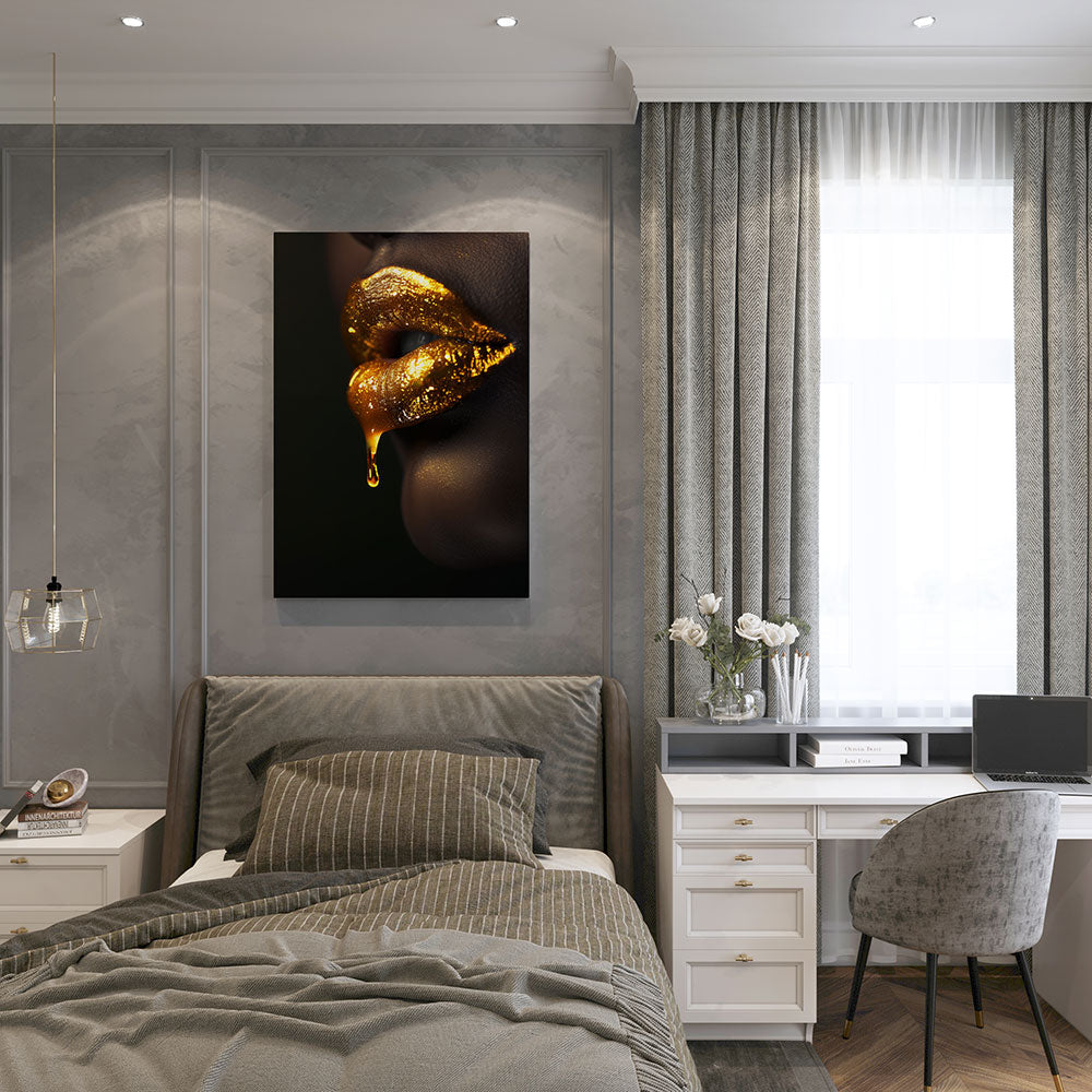canvas schilderij goud druipende lippen slaapkamer