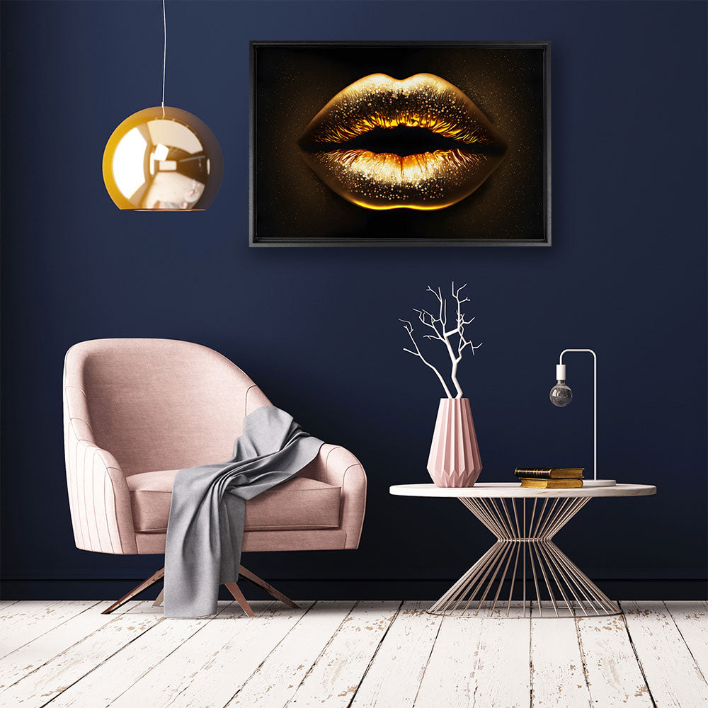 canvas schilderij gouden lippen baklijst kamer