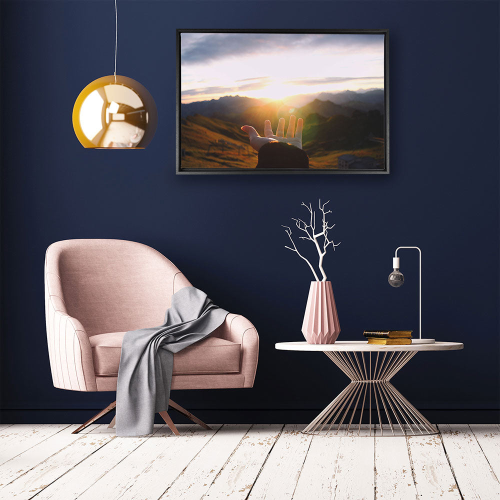 canvas schilderij hand naar zonsondergang baklijst kamer