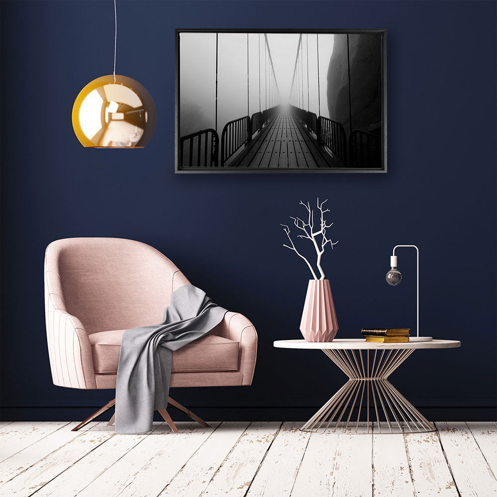 canvas schilderij hangbrug in de mist baklijst kamer
