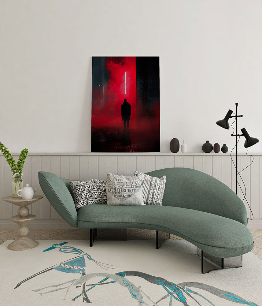 canvas schilderij persoon roodzwart wachtruimte