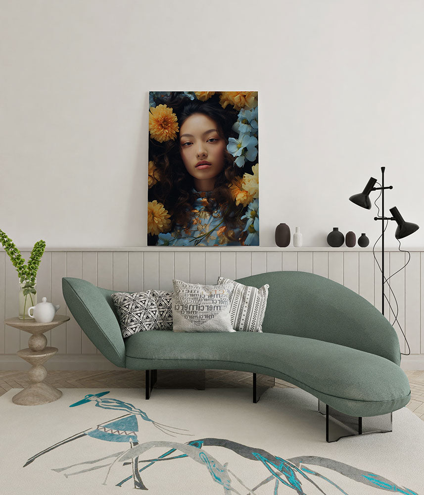 canvas schilderij portret vrouw in bloemen wachtruimte