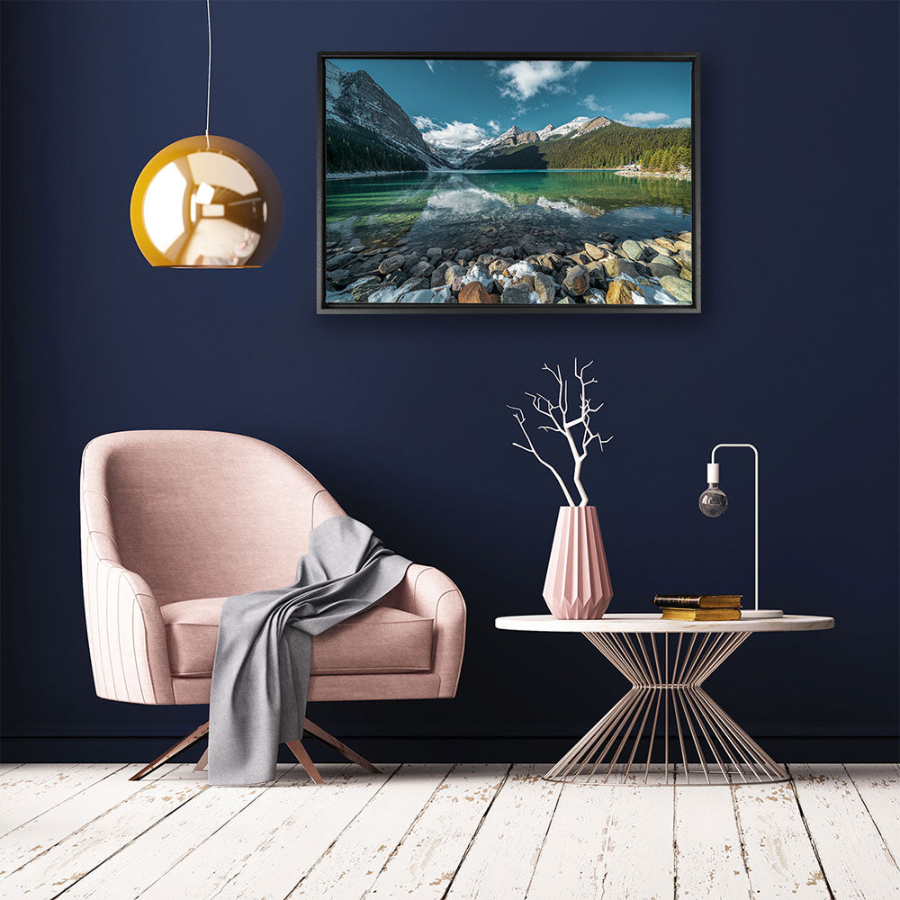 canvas schilderij turquoise water bergen zijkant baklijst kamer