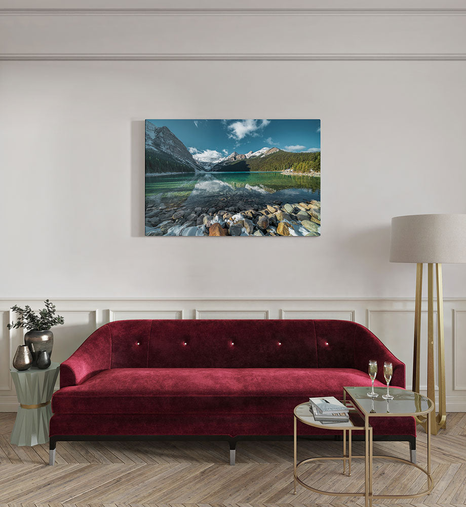 canvas schilderij turquoise water bergen zijkant kamer