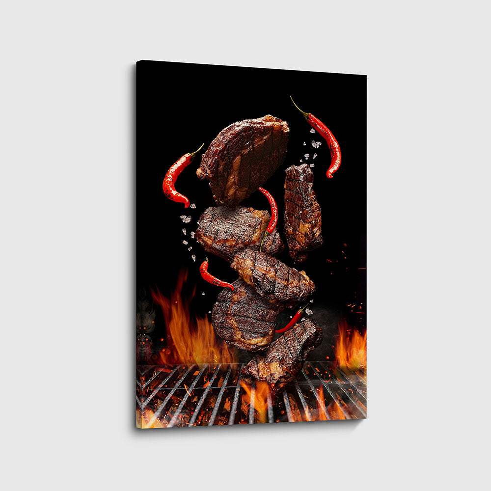 canvas schilderij vlees boven bbq