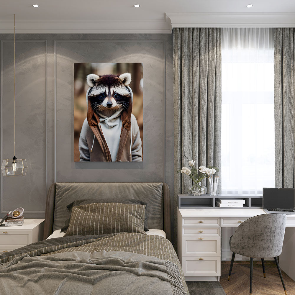canvas schilderij wasbeer met vest slaapkamer
