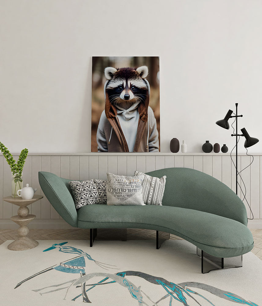 canvas schilderij wasbeer met vest wachtruimte