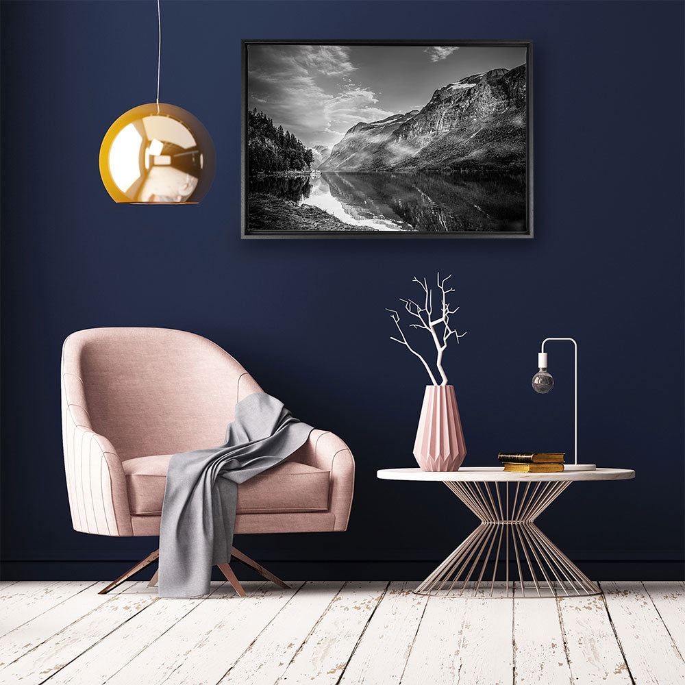 canvas schilderij zwart wit landschap berg baklijst kamer