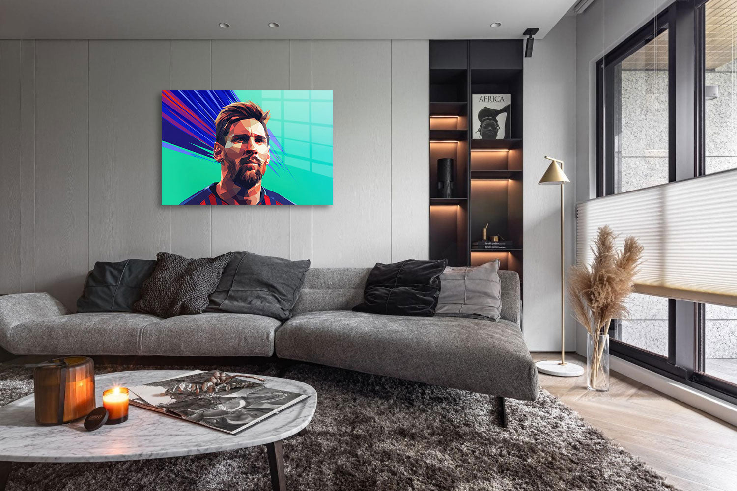 glasschilderij abstract messi woonkamer