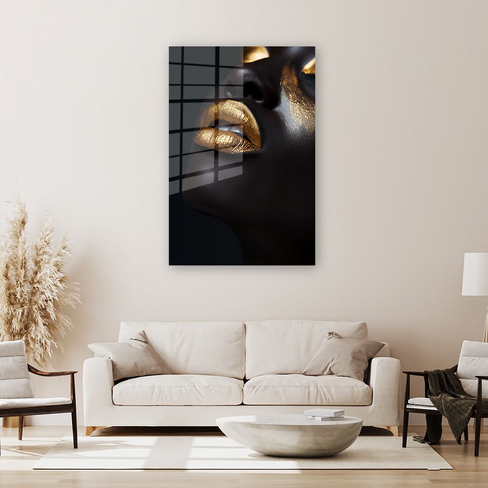 glasschilderij african woman gold lipswoonkamer 2