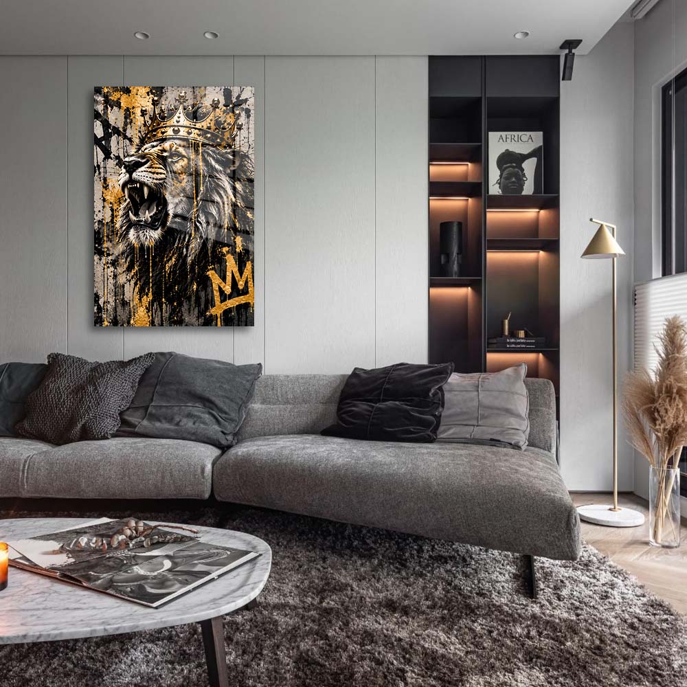 glasschilderij brullende leeuw woonkamer 1