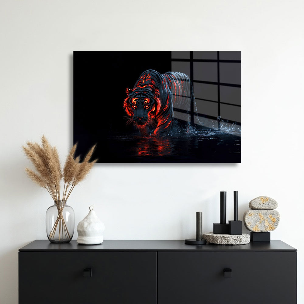 glasschilderij gloeiende tijger muur