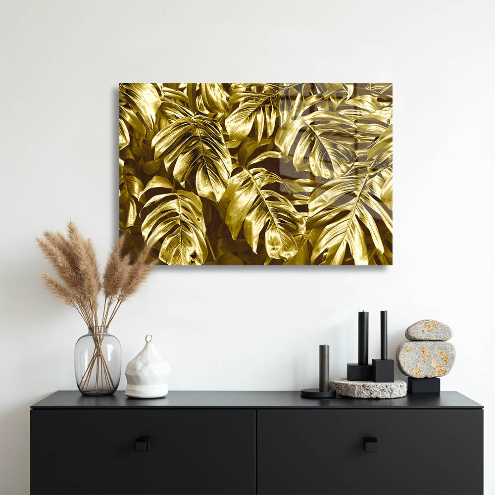 glasschilderij gold leaves muur