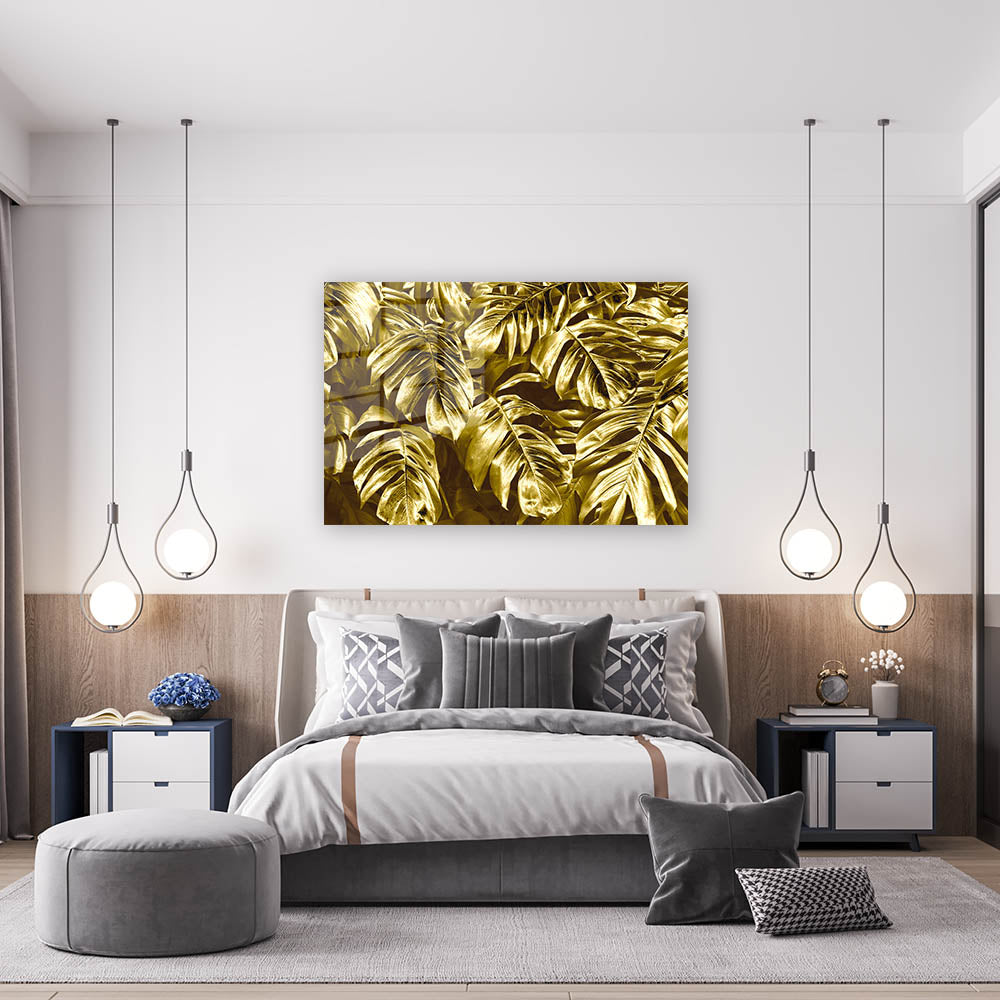 glasschilderij gold leaves slaapkamer 2