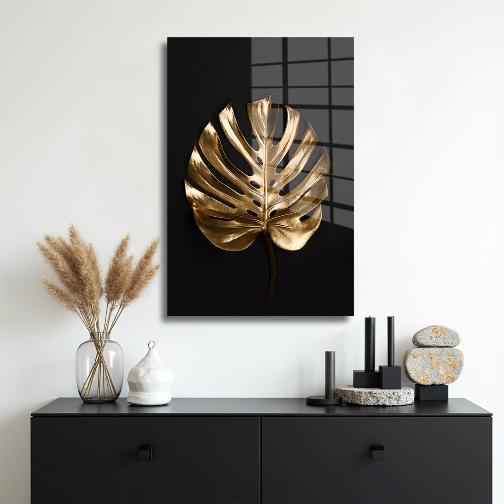 glasschilderij golden monstera muur