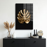 glasschilderij golden monstera muur