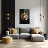 glasschilderij golden monstera woonkamer