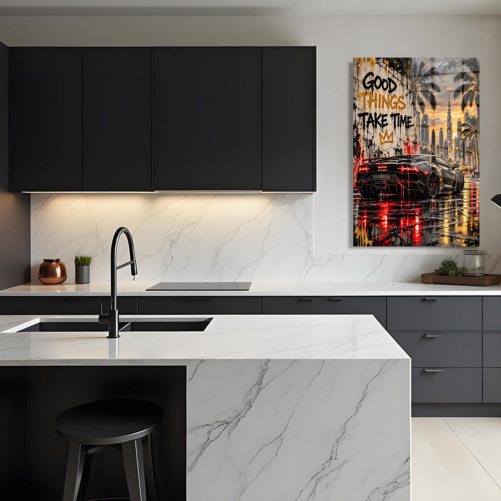 glasschilderij good things take time keuken