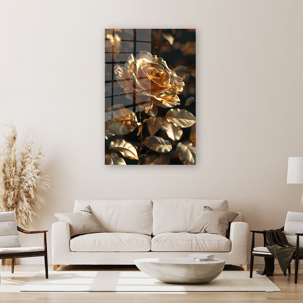 glasschilderij gouden roos 3