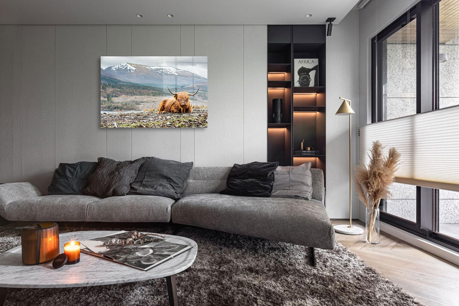 glasschilderij hooglander bergen woonkamer 4