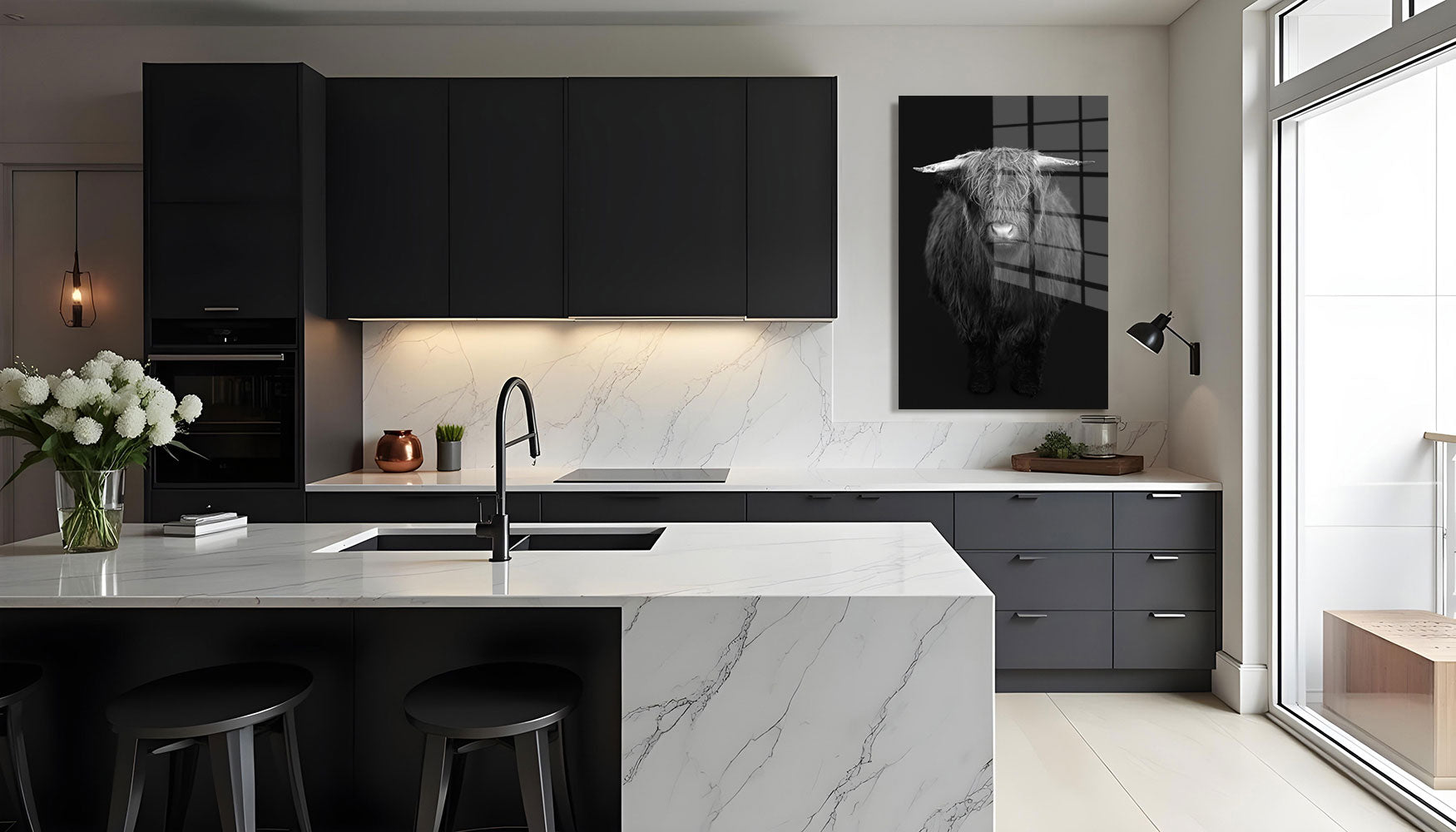 glasschilderij hooglander zwart wit Keuken