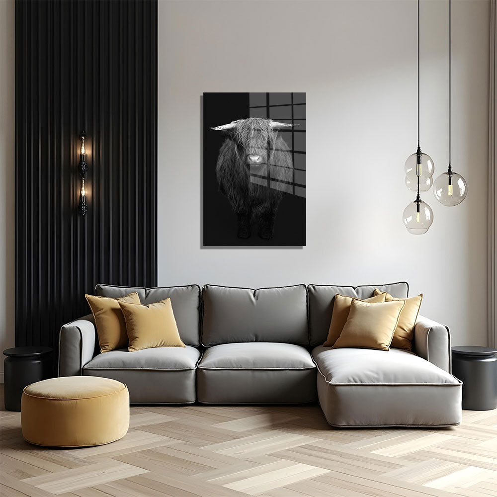 glasschilderij hooglander zwart wit woonkamer 4