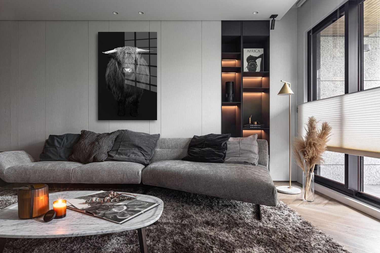 glasschilderij hooglander zwart wit woonkamer 5