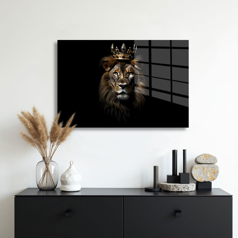 glasschilderij koning leeuw muur