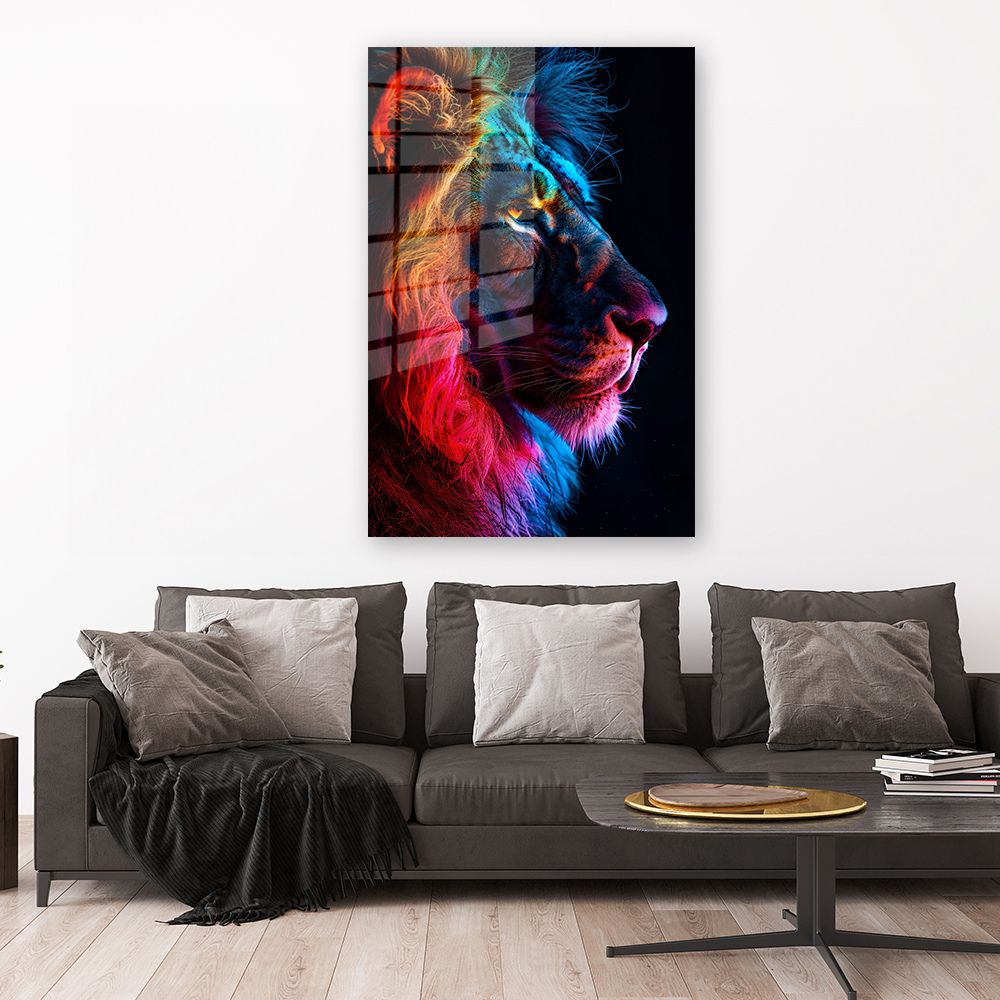glasschilderij leeuw regenboog kleuren-wanddecoratie 1
