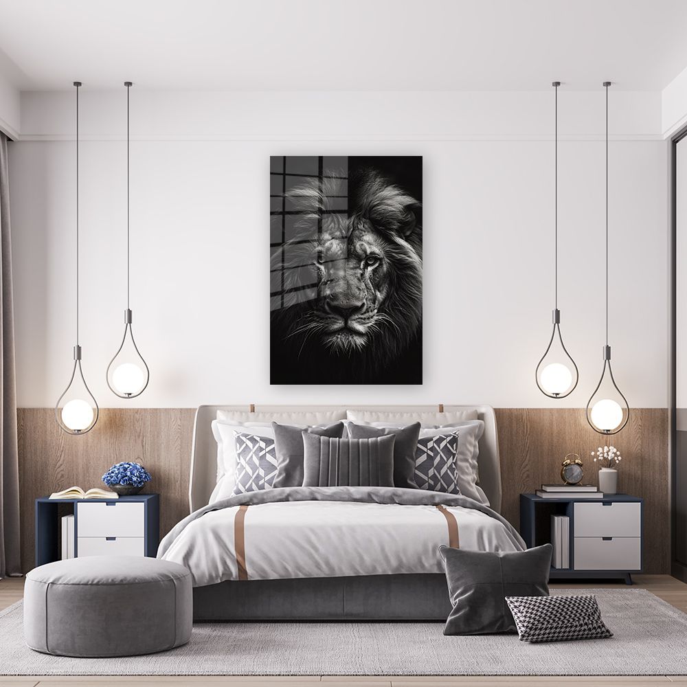 glasschilderij leeuwenkop zwart wit wanddecoratie 1