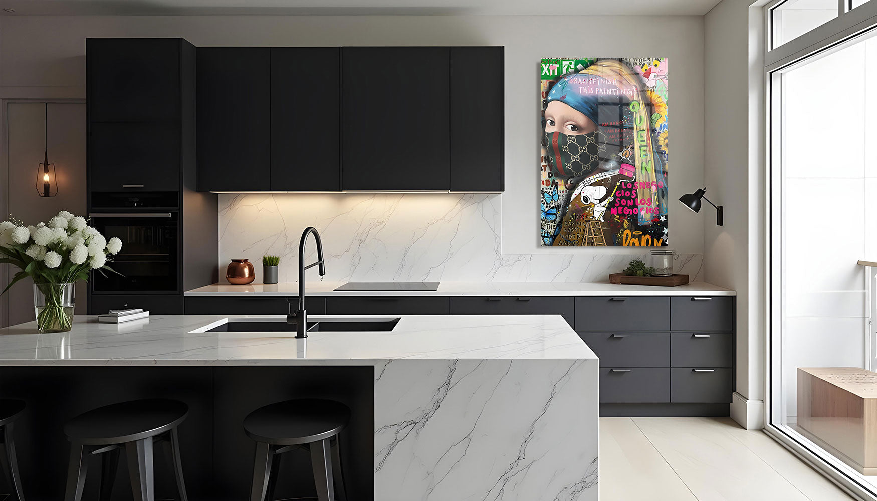 glasschilderij meisje met merk keuken