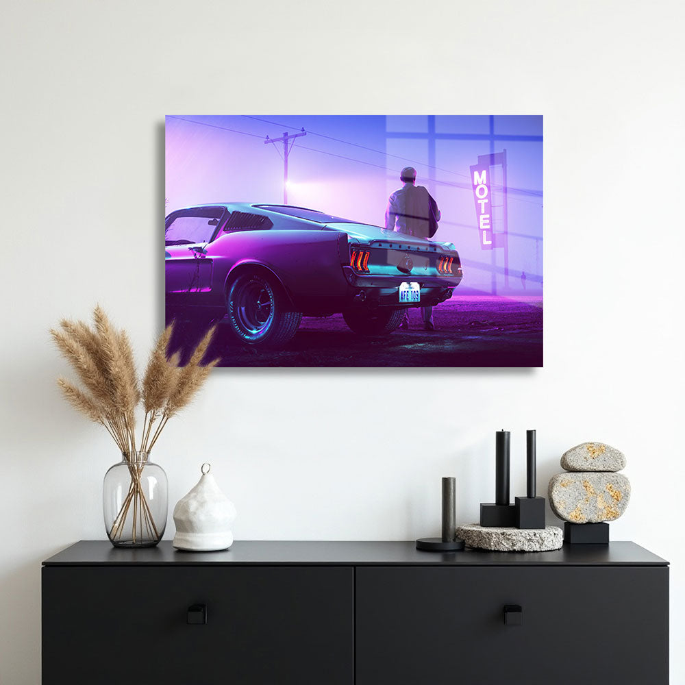 glasschilderij motel mustang muur