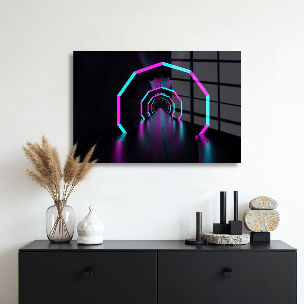 glasschilderij neon tunnel muur