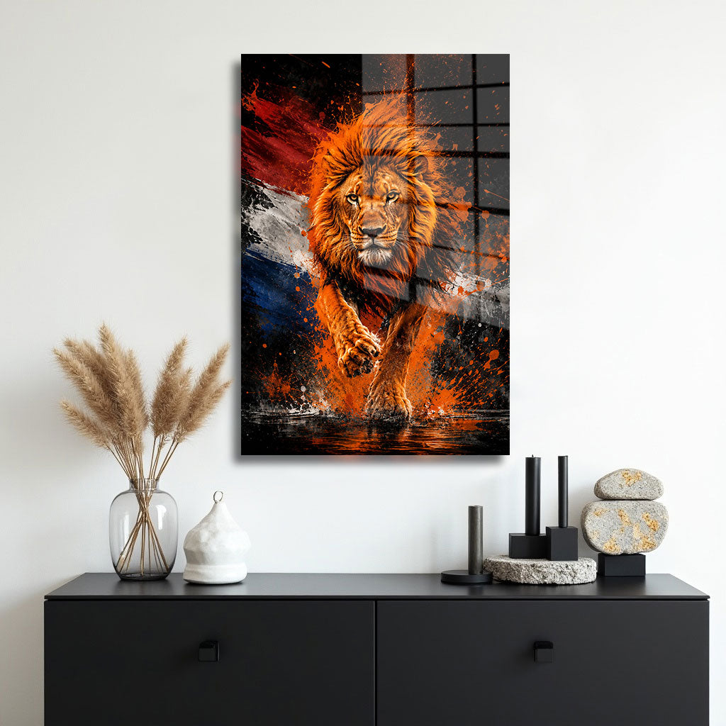glasschilderij oranje leeuw muur