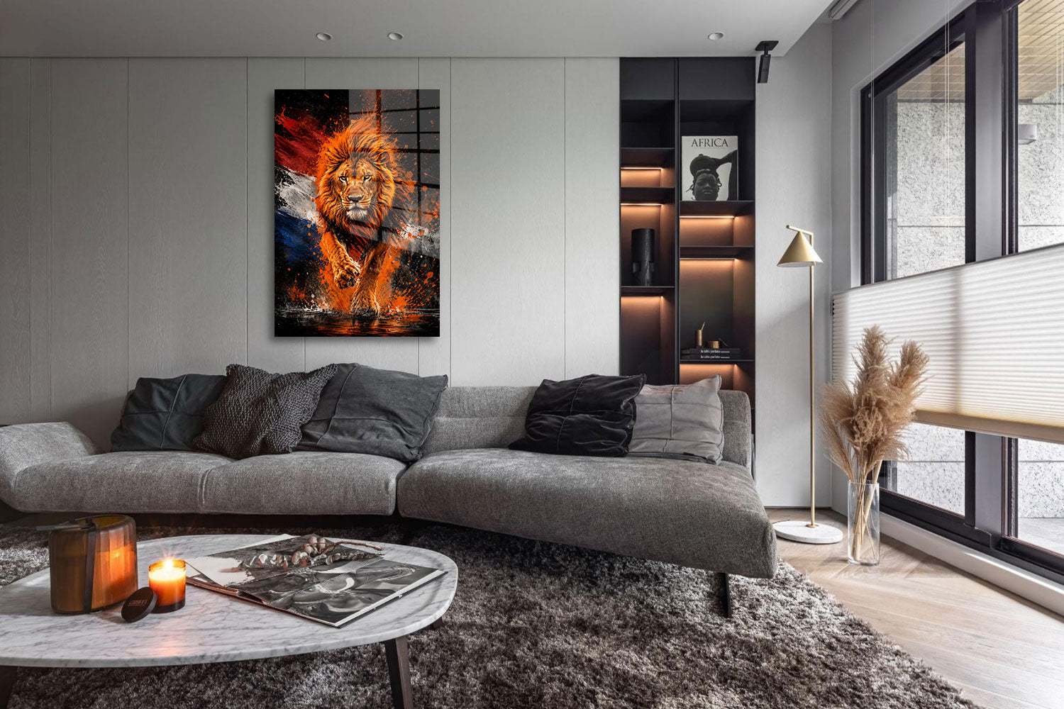 glasschilderij oranje leeuw woonkamer 5