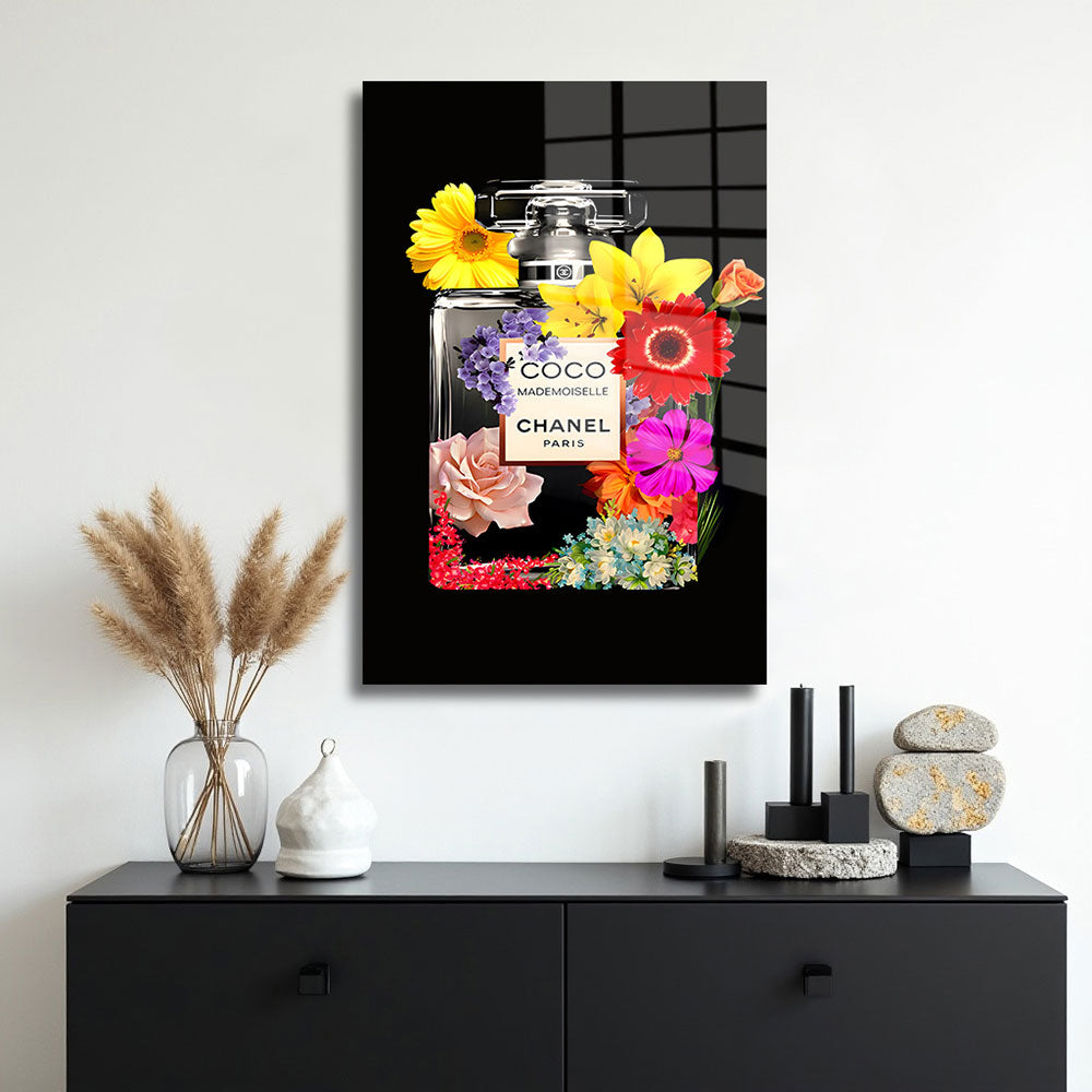 Glasschilderij Parfum Flower Bottle