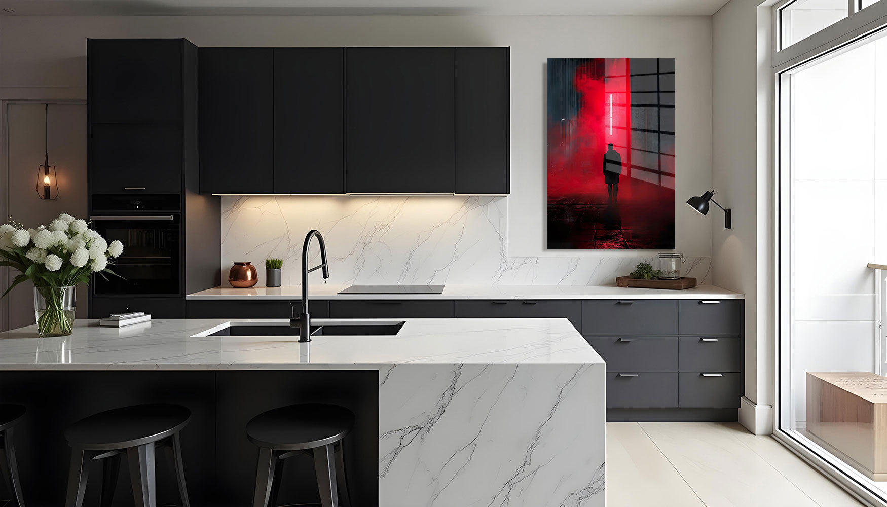 glasschilderij persoon rood zwart Keuken