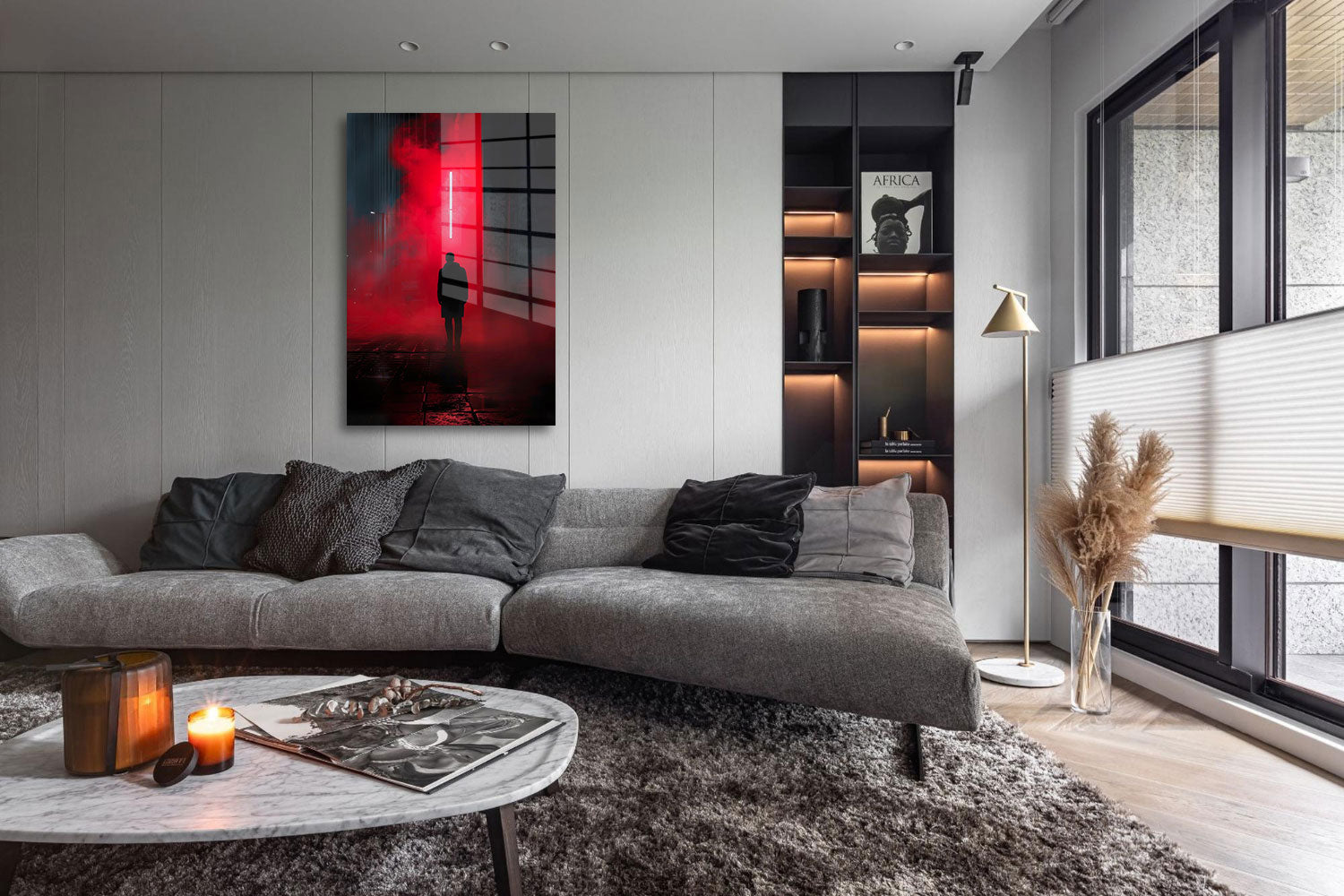 glasschilderij persoon rood zwart woonkamer 5