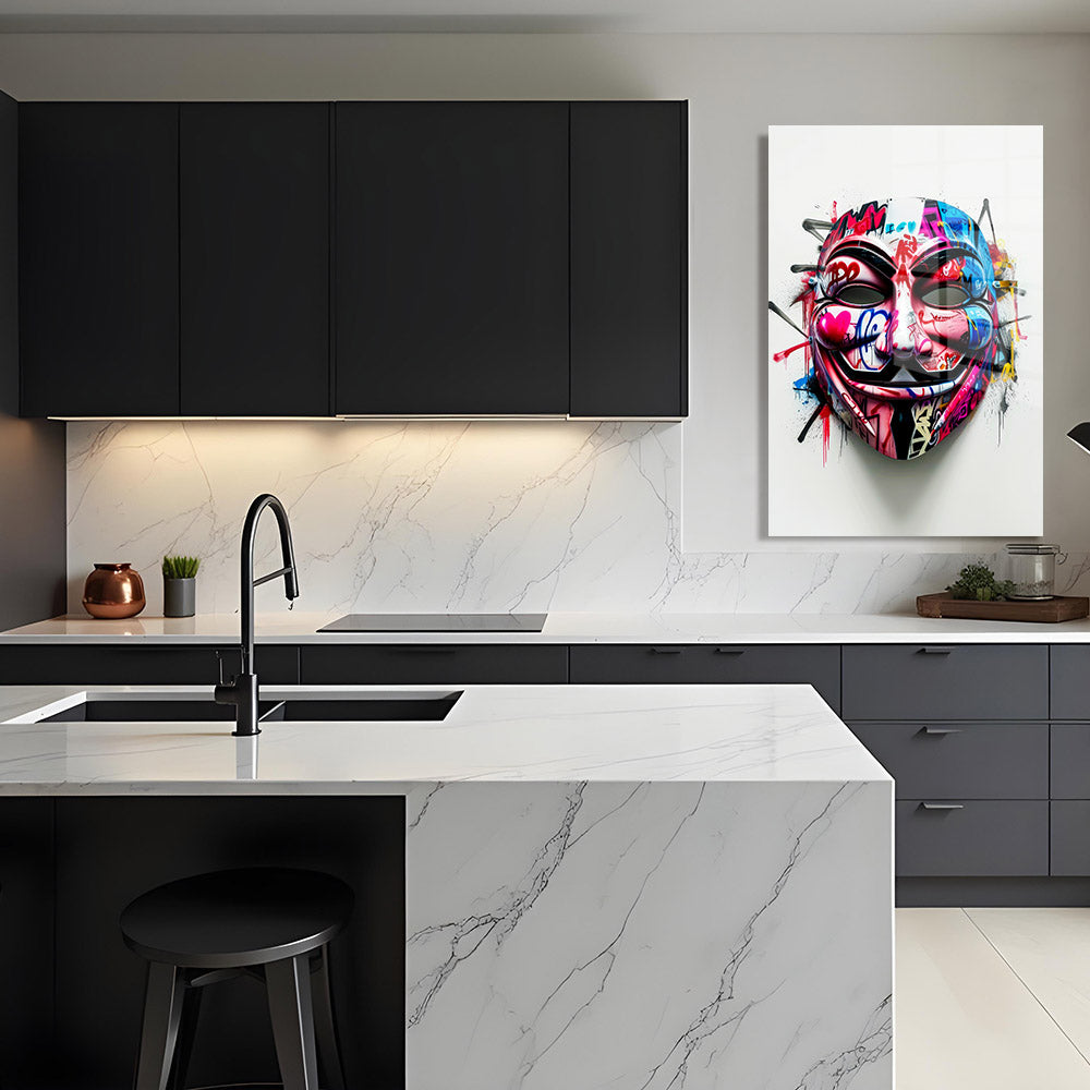 glasschilderij rebel mask keuken