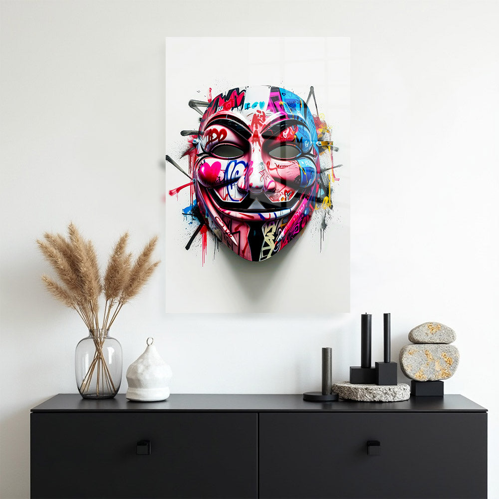 glasschilderij rebel mask muur