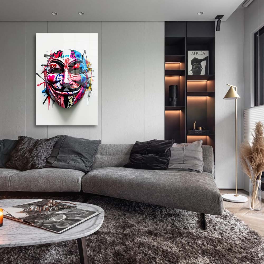 glasschilderij rebel mask woonkamer 1