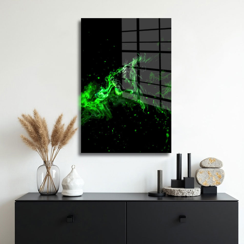 glasschilderij smokey green lion muur