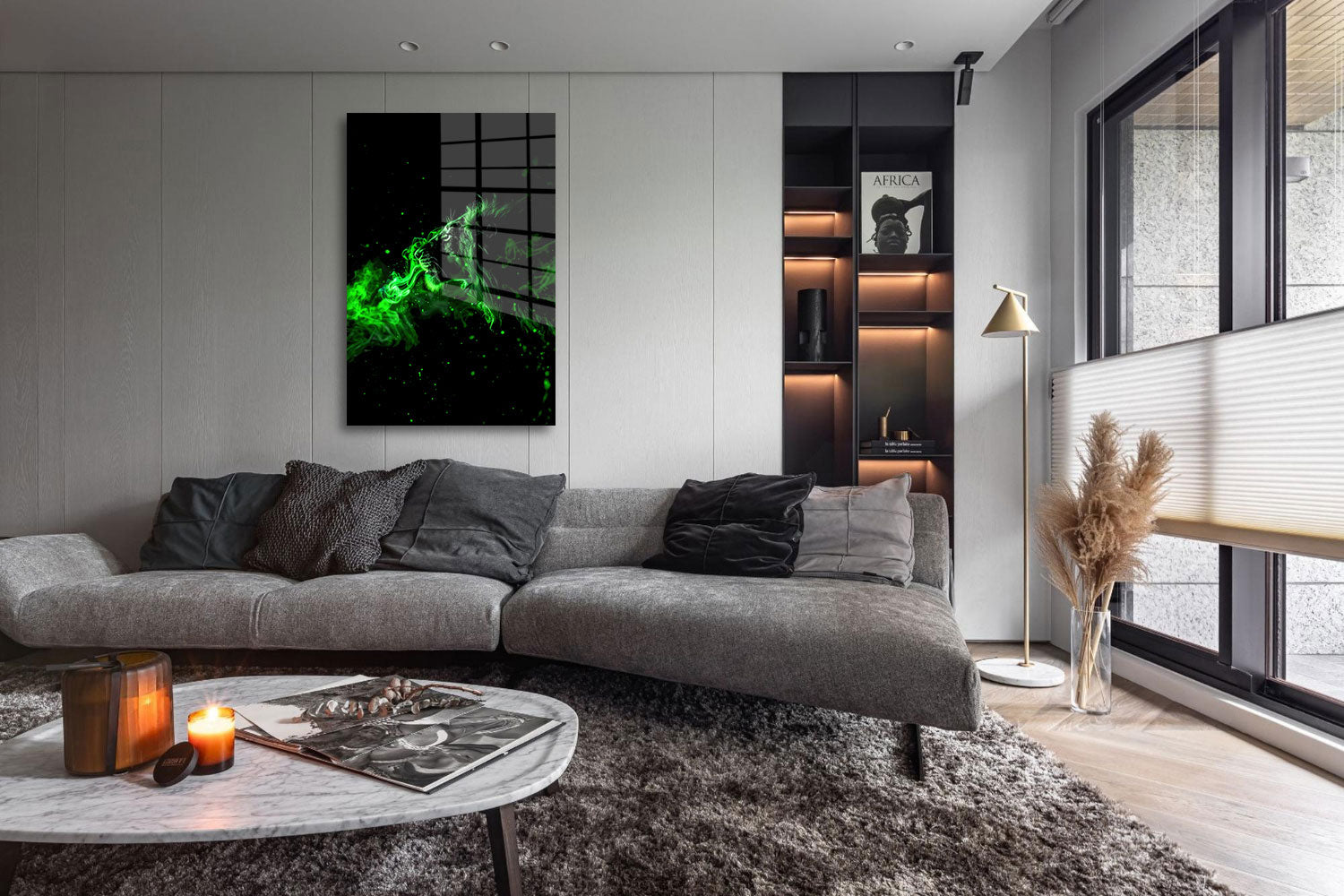 glasschilderij smokey green lion woonkamer 5