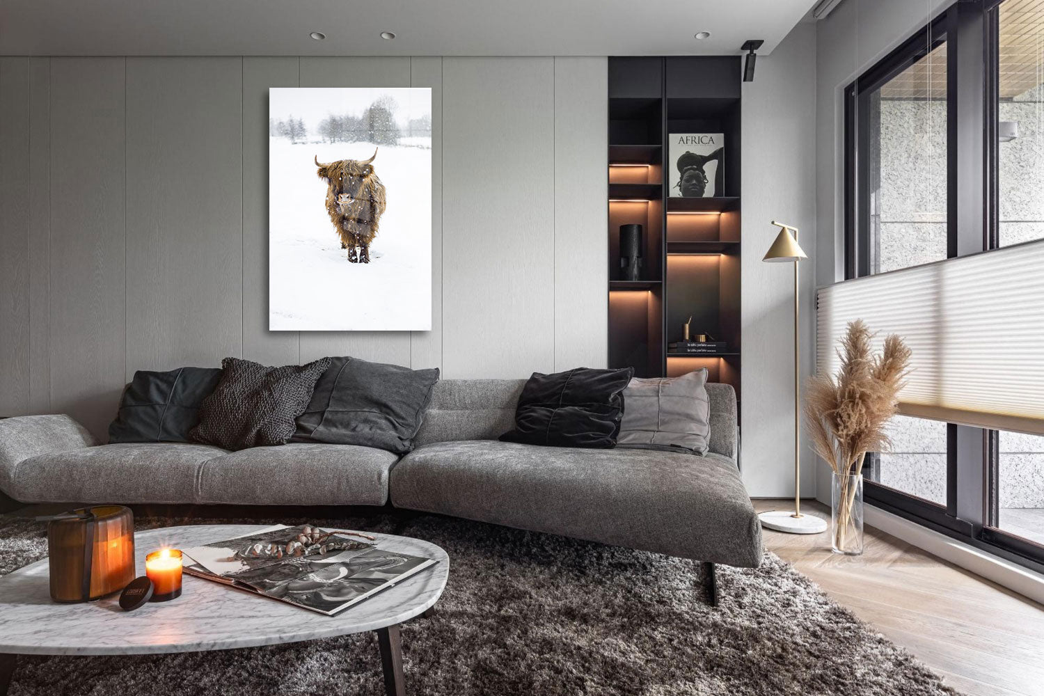 glasschilderij snowflake hooglander woonkamer 5