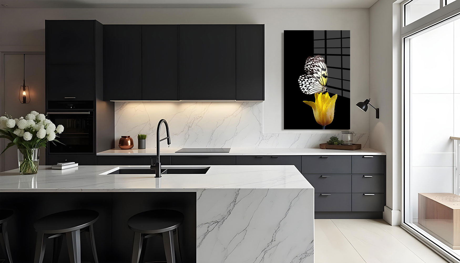 glasschilderij vlinder bloem Keuken