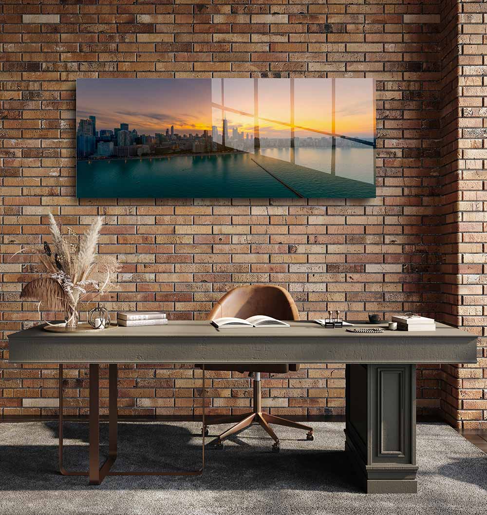 glasschilderij water city skyline kantoor